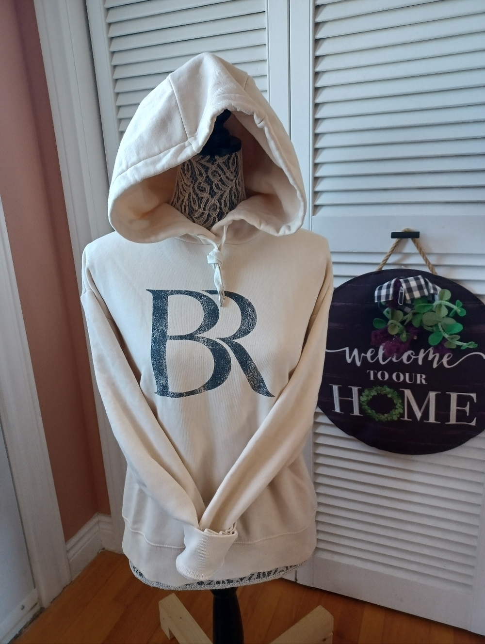 Banana Republic Monogram Logo Hoodie Women Cream Beige Size XS